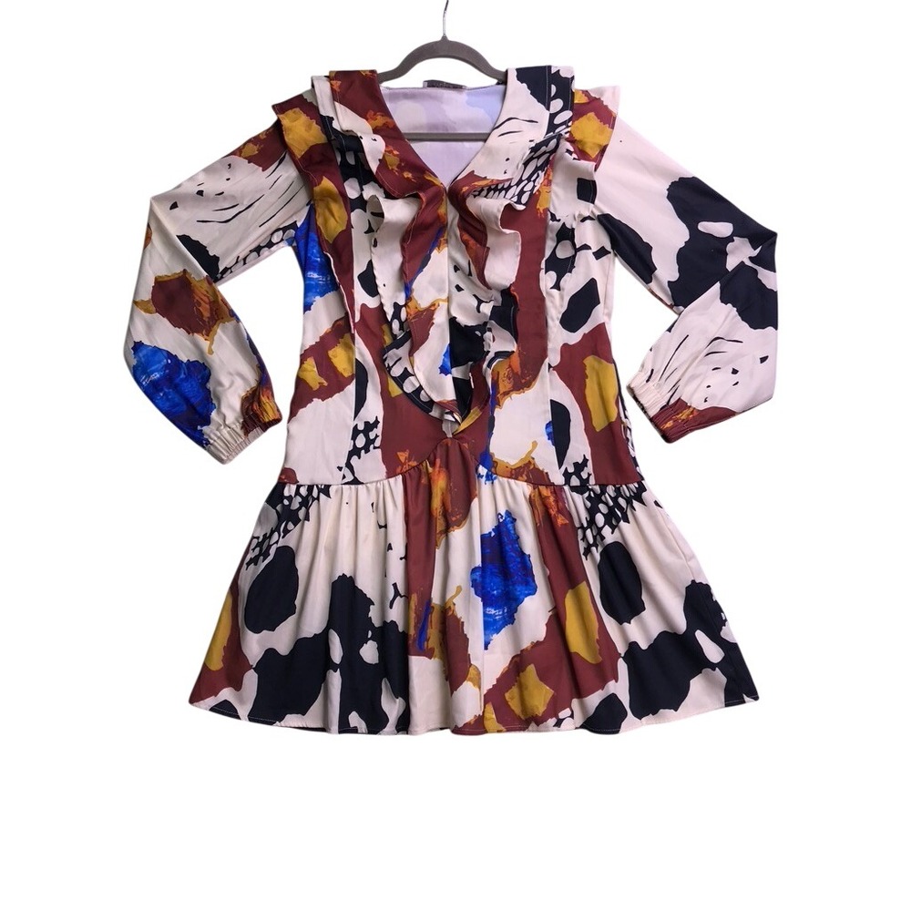 MULLA Ruffle Front Tunic Women Small Multicolor Abstract Cow Print V-Neck Top